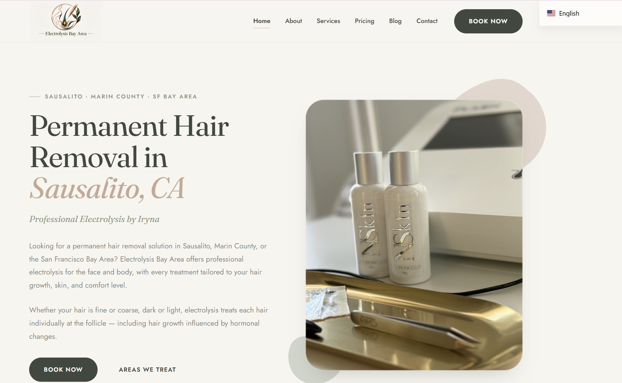 Website for an electrolysis specialist in the USA — home screen